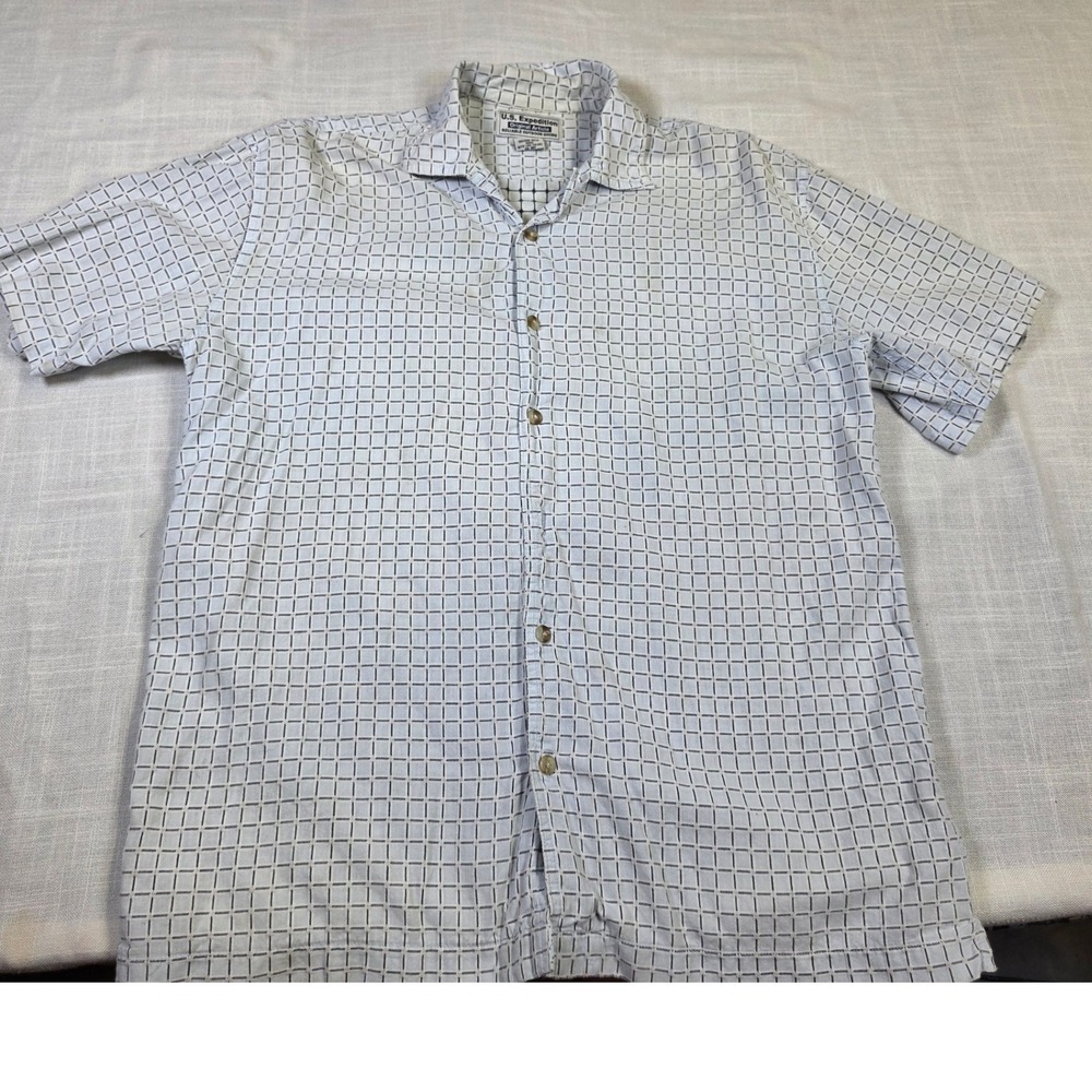 US Expedition Mens Button Up Shirt Grid Pattern Old Casual White Blue Large